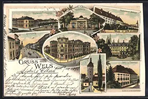 Lithographie Wels, Volkshalle, Pollheimer Anlage, Postgebäude, Schloss Puchberg, Schloss Traunegg, Stadtplatz