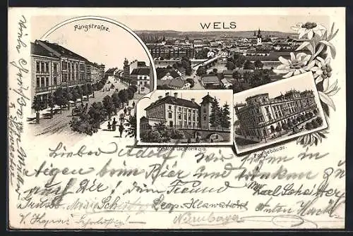 Lithographie Wels, Ringstrasse, Gesamtansicht, Schloss Liechtenegg, Postgebäude