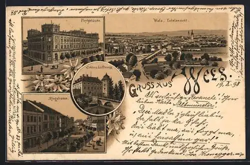 Lithographie Wels, Totalansicht mit Postgebäude, Schloss Lichtenegg und Blick in die Ringstrasse