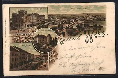 Lithographie Wels, Totalansicht mit Postgebäude, Schloss Lichtenegg und Blick in die Ringstrasse