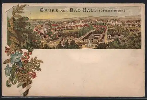 Lithographie Bad Hall /Oberoesterreich, Totalansicht, florales Passepartout