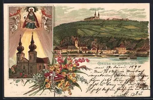 Vorläufer-Lithographie Marbach, 1894, Ortsansicht und Maria-Taferl, Marienbildnis