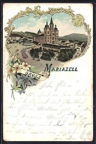 Vorläufer-Lithographie Mariazell, 1895, Blick auf die Wallfahrtskirche