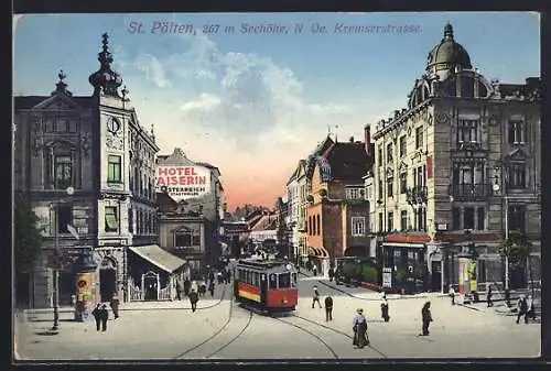 AK St. Pölten, die Kremserstrasse mit Hotel Kaiserin von Österreich, Strassenbahn und Litfasssäulen