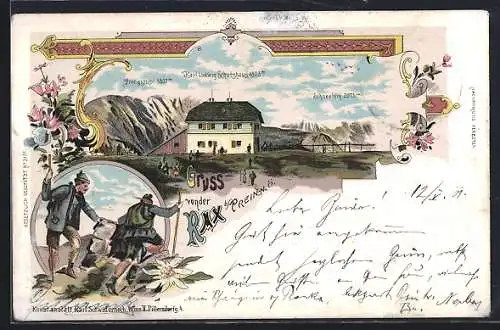 Lithographie Karl Ludwig Schutzhaus /N.Ö., Ansicht auf der Rax mit Schneeberg und Predigtstuhl