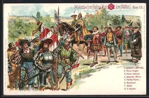 Lithographie Wien, Historischer Festzug 1898, Ferdinand I., Maria von Ungarn, Moritz von Sachsen, Rembrandt