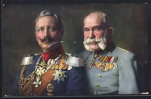 AK Kaiser Franz Josef I. von Österreich in Uniform mit Kaiser Wilhelm II. mit Orden in Treue vereint, Rotes Kreuz