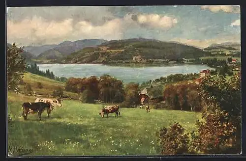 Künstler-AK Heinrich Hoffmann: Titisee mit Feldberg, Kühe auf der Weide
