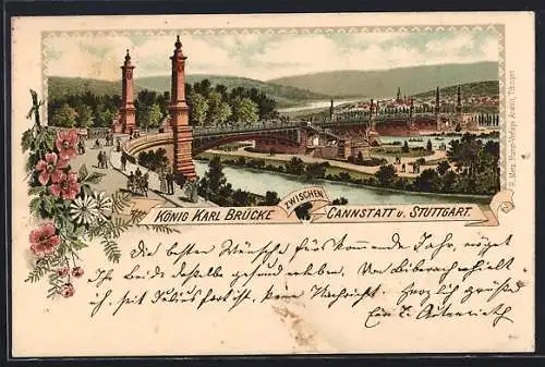 Lithographie Stuttgart-Cannstatt, König-Karl-Brücke