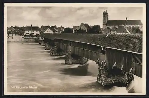 AK Säckingen am Rhein, Rheinbrücke mit Kirche