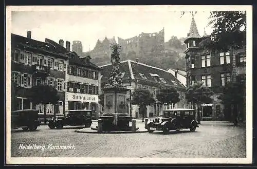 AK Heidelberg, Kornmarkt mit Autos und Antiquariat