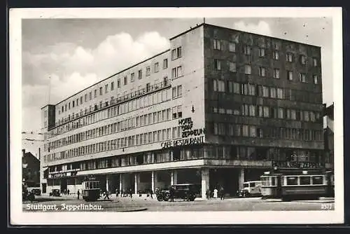 AK Stuttgart, Zeppelinbau mit Hotel Graf Zeppelin, Strassenbahn