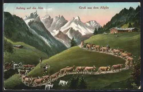 AK Kühe beim Aufzug auf die Alm, Kühe mit Namen, Trettachspitze