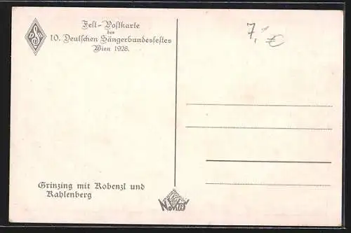 AK Wien, 10. Deutsches Sängerbundesfest 1928, Grinzig mit Kobenzl und Kahlenberg