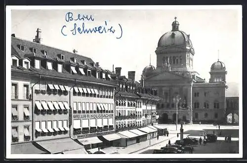 AK Bern, Gasthaus Gfeller-Rindlisbacher am Bärenplatz beim Bundeshaus