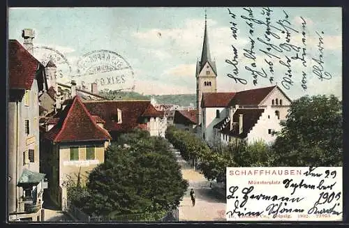 AK Schaffhausen, Münsterplatz mit Cafe-Restaurant und Kirche