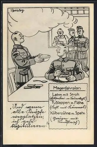 Künstler-AK Ferdinand Barlog: 2. Weltkrieg, Magenfahrplan Lehm mit Stroh, Soldaten in der Kantine