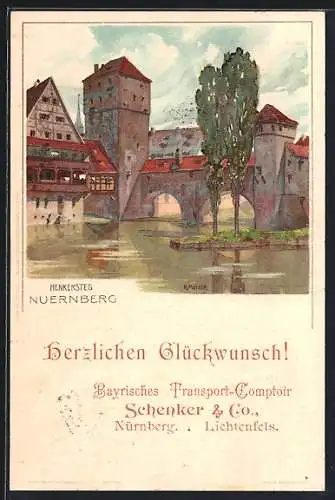 Künstler-AK Karl Mutter: Nürnberg, Henkersteg, Schenker &amp Co., Bayrisches Tansport-Comptoir, Glückwunsch