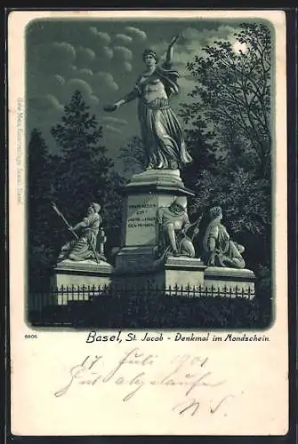 Lithographie Basel, St. Jacob-Denkmal im Mondschein