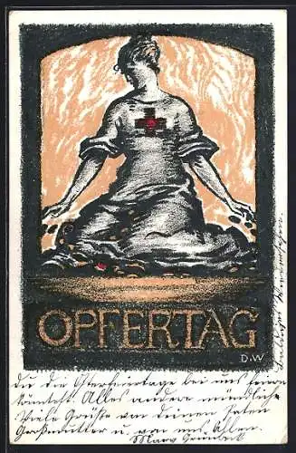 Künstler-AK Opfertag 1917, Bayer. Landeskomitee vom Roten Kreuz, Frau sammelt Geld vom Boden auf