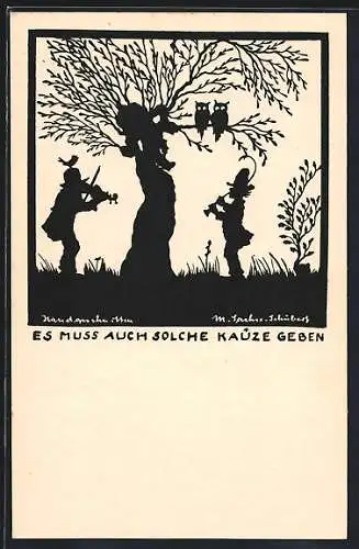 Künstler-AK M. Sachse-Schubert: Es muss auch solche Käuze geben, Musikanten spielen unter der Weide mit Eulen