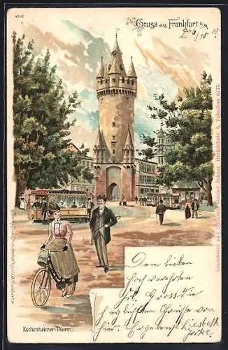 Lithographie Frankfurt /Main, Eschenheimer Turm, Strassenbahnen und Radfahrerin