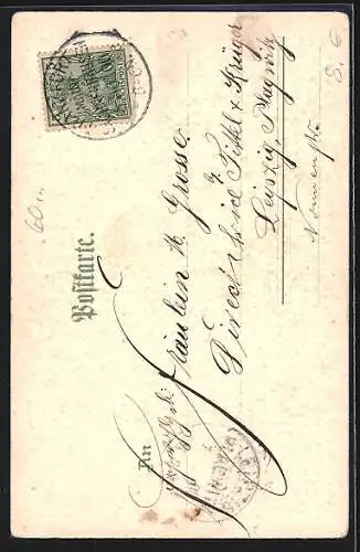 Lithographie Frankfurt /Main, Eschenheimer Turm, Strassenbahnen und Radfahrerin