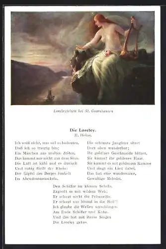 AK Gedicht Die Loreley von H. Heine, Loreley mit Harfe auf dem Loreleyfelsen