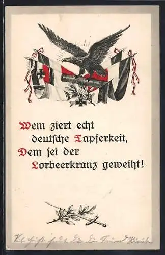 AK Grusskarte mit deutscher Fahne und Reichskriegsfahne, Adler auf Kanone, Eisernes Kreuz