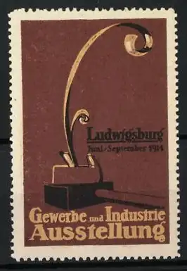 Reklamemarke Ludwigsburg, Gewerbe und Industrie Ausstellung 1914, Hobel mit Hobelspan auf Hammer liegend