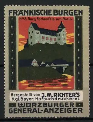 Reklamemarke Würzburg, Fränkische Burgen Nr. 8, Burg Rothenfels am Main, Würzburger General-Anzeiger