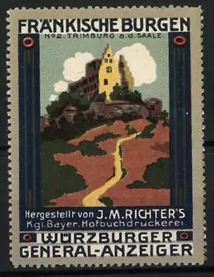 Reklamemarke Trimburg a. d. Saale, Fränkische Burgen, Burgansicht auf Hügel, Würzburger General-Anzeiger