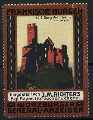 Reklamemarke Würzburg, Fränkische Burgen: Burg Wertheim, Burgabbildung, Würzburger General-Anzeiger