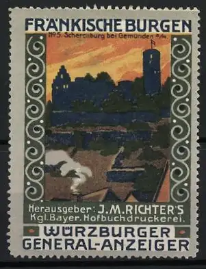 Reklamemarke Würzburg, Fränkische Burgen, Scherenburg bei Gemünden, Burgsilhouette, Würzburger General-Anzeiger