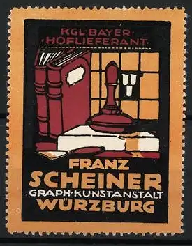 Reklamemarke Würzburg, Franz Scheiner Graph. Kunstanstalt, Bücher und Druckerei-Utensilien