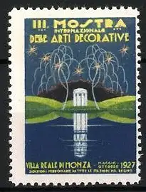 Reklamemarke Monza, III. Mostra Internazionale delle Arti Decorative, Säule und Feuerwerk, 1927