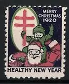 Reklamemarke Merry Christmas 1920, Weihnachtsmann mit Kind und Doppelkreuz