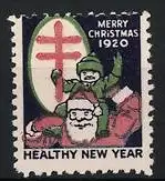 Reklamemarke Merry Christmas 1920, Healthy New Year, Weihnachtsmann mit Kind und Kreuzsymbol