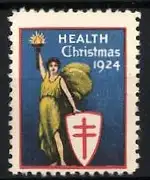 Reklamemarke Health Christmas 1924, Frau mit Schild und Sonne