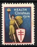 Reklamemarke Health Christmas 1924, Frau mit Schild und Fackel