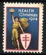 Reklamemarke Health Christmas 1924, Frau mit Schild und Fackel