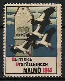 Reklamemarke Malmö, Baltiska Utställningen 1914, fliegende Störche