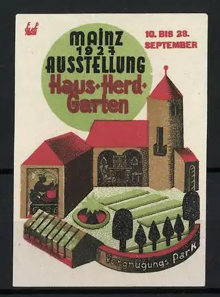 Reklamemarke Mainz, 1927 Ausstellung Haus Herd Garten, Vergnügungspark