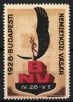 Reklamemarke Budapest, Nemzetközi Vásár 1928, Flügel und BNV-Logo