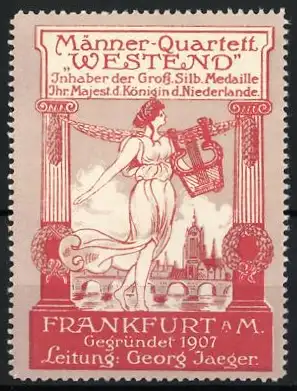 Reklamemarke Frankfurt a. M., Männer-Quartett Westend, Lyra und Stadtansicht