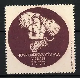 Reklamemarke Prag, Hospodárská Výstava 1928, Bäuerin mit Ährenbündel & Sichel