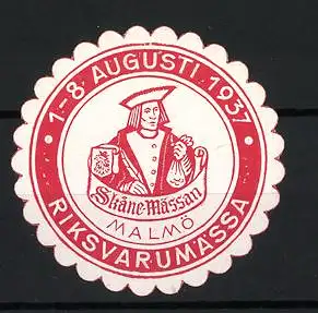 Reklamemarke Malmö, 1-8 Augusti 1937, Riksvarumässa Skåne-Mässan, Symbol mit Figur