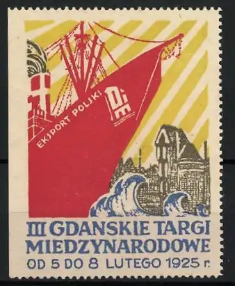 Reklamemarke Danzig - Gdansk, III Gdanskie Targi Miedzynarodowe 1925, rotes Schiff und Wellen