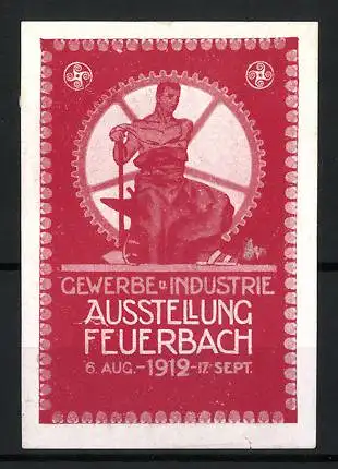 Reklamemarke Feuerbach, Gewerbe u. Industrie Ausstellung 1912, Zahnrad und Arbeiter