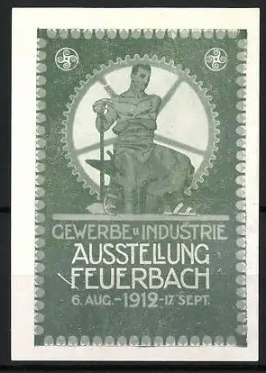 Reklamemarke Feuerbach, Gewerbe und Industrie Ausstellung 1912, Schmied vor Zahnrad